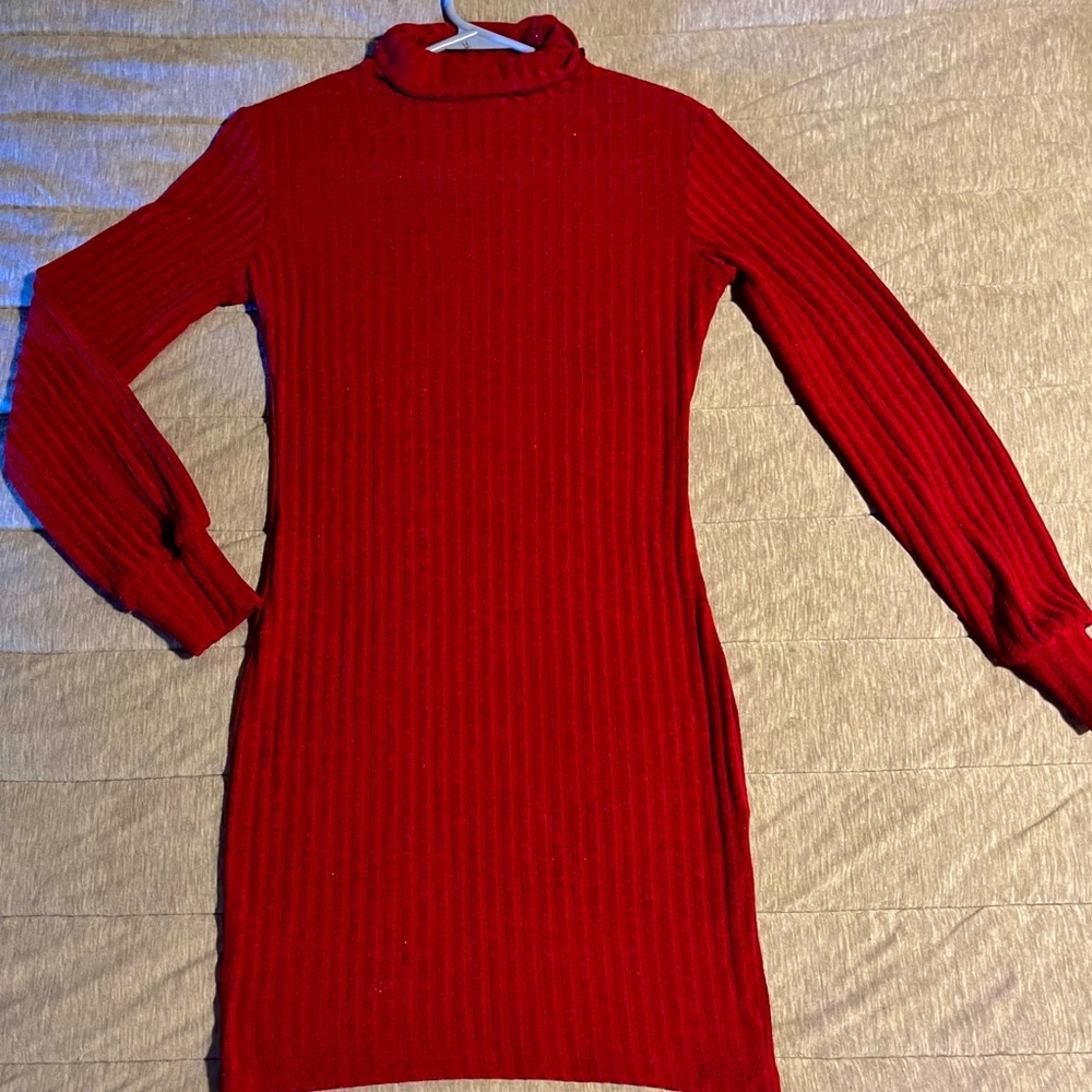 Long sleeve, turtle neck, red, cocktail dress